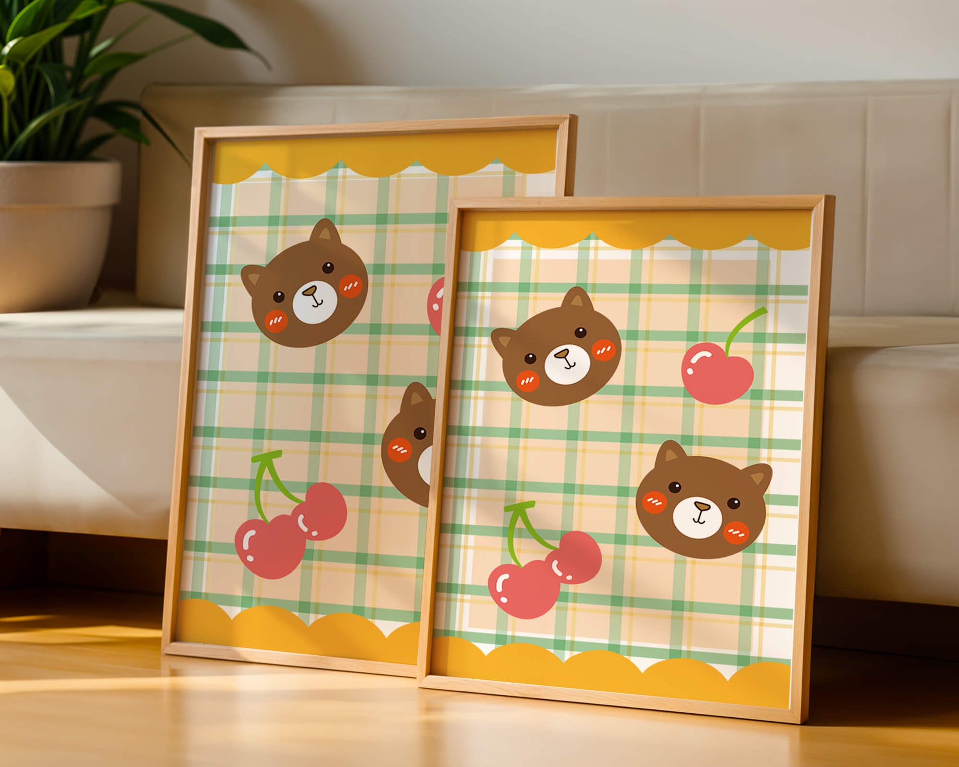 Playful bear and cherry pattern with plaid background