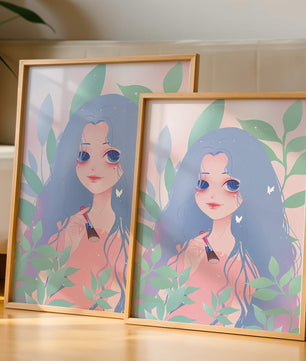 Illustration of a blue-haired girl surrounded by greenery