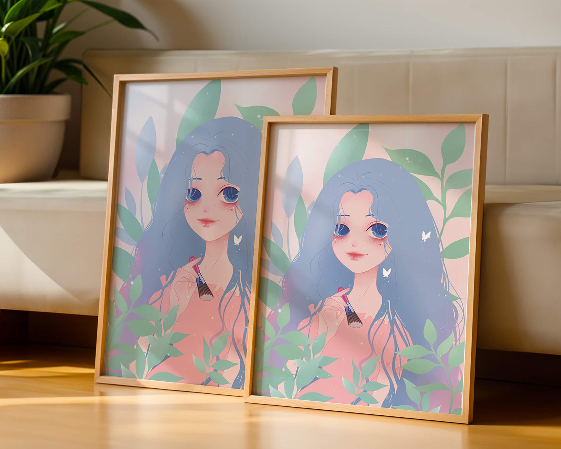 Illustration of a blue-haired girl surrounded by greenery
