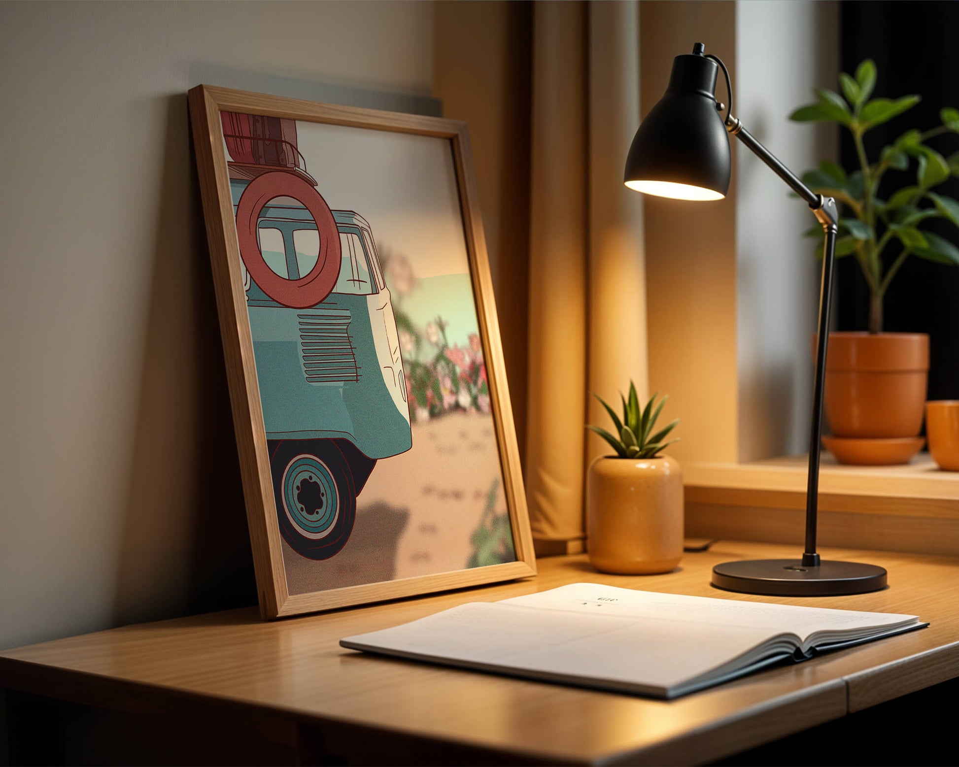 Viaje por carretera de verano en una furgoneta azul vintage