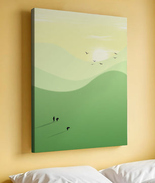 Paisaje minimalista con figuras silueteadas y aves al atardecer