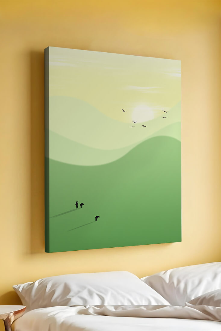 Paisaje minimalista con siluetas de personas y pájaros al atardecer