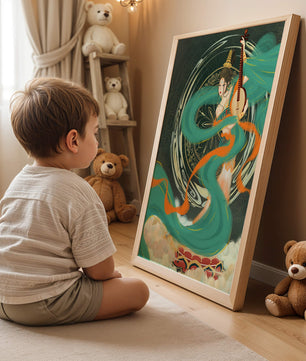Elegant depiction of traditional musical culture with vibrant flowing ribbons and intricate patterns