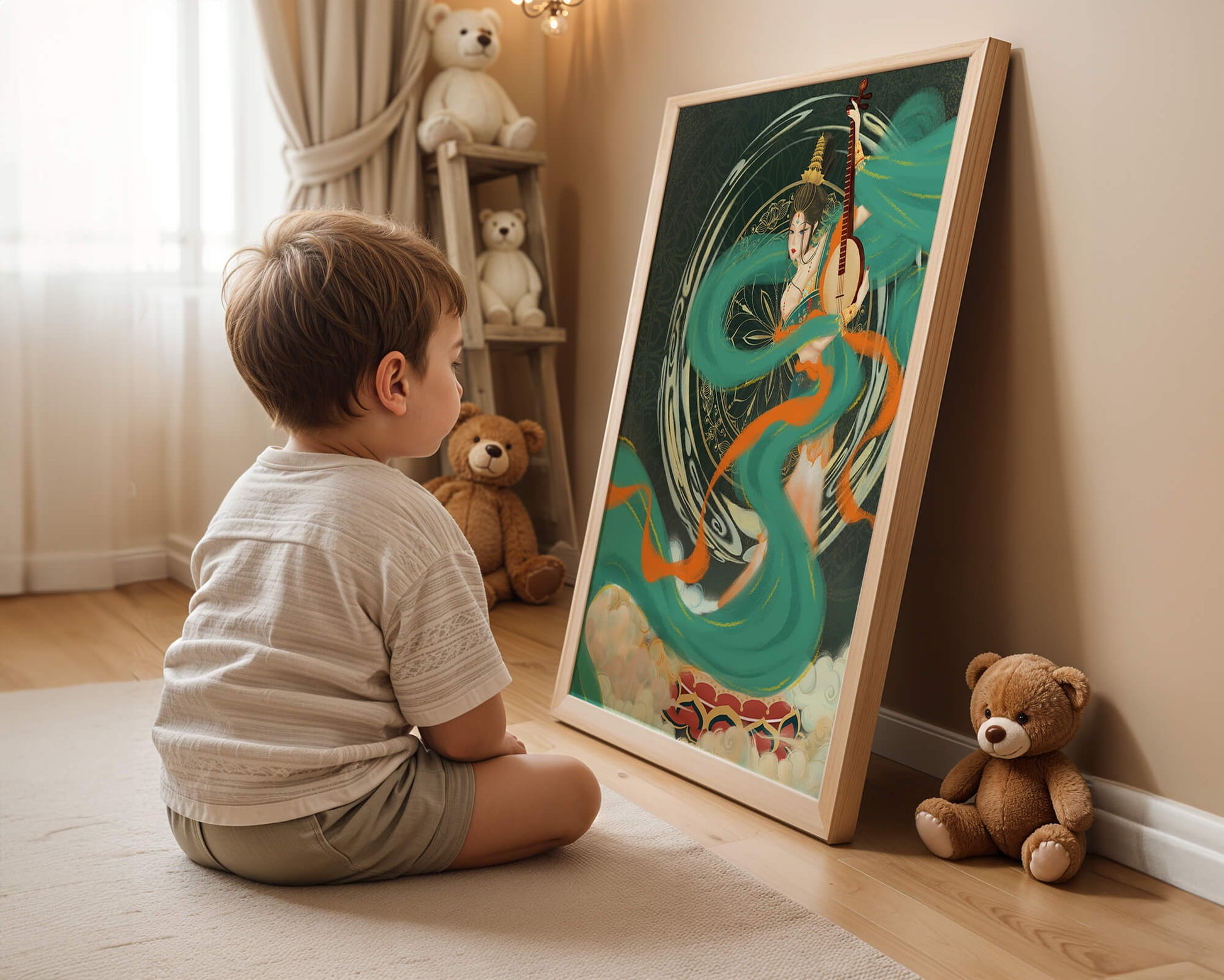 Elegant depiction of traditional musical culture with vibrant flowing ribbons and intricate patterns