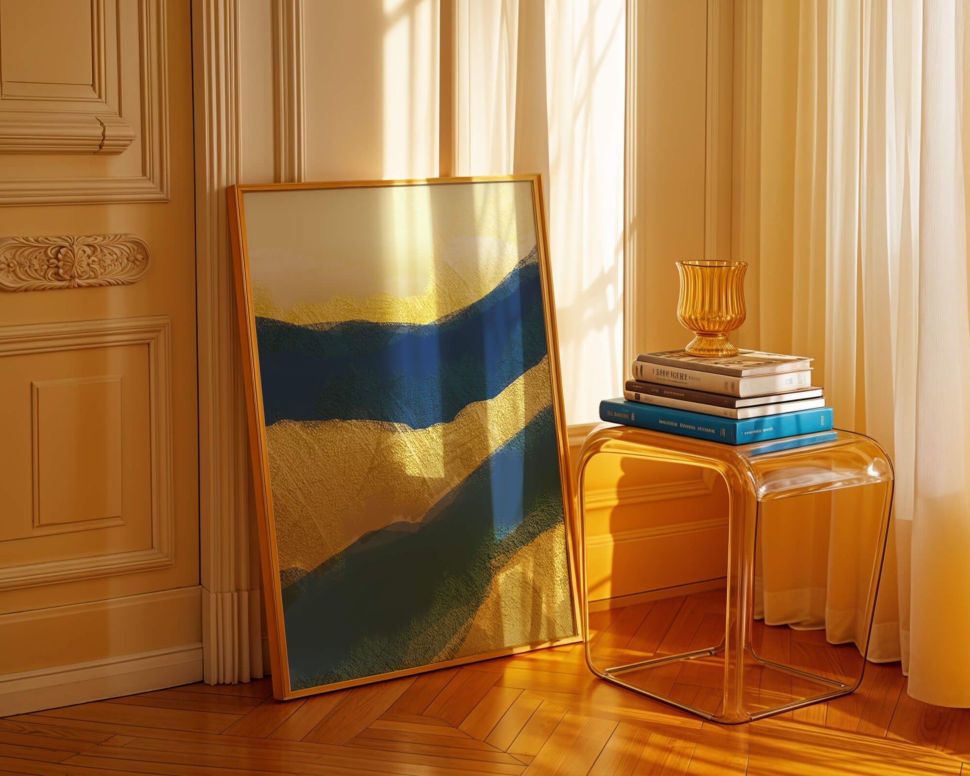 Abstract landscape with blue and yellow textured layers