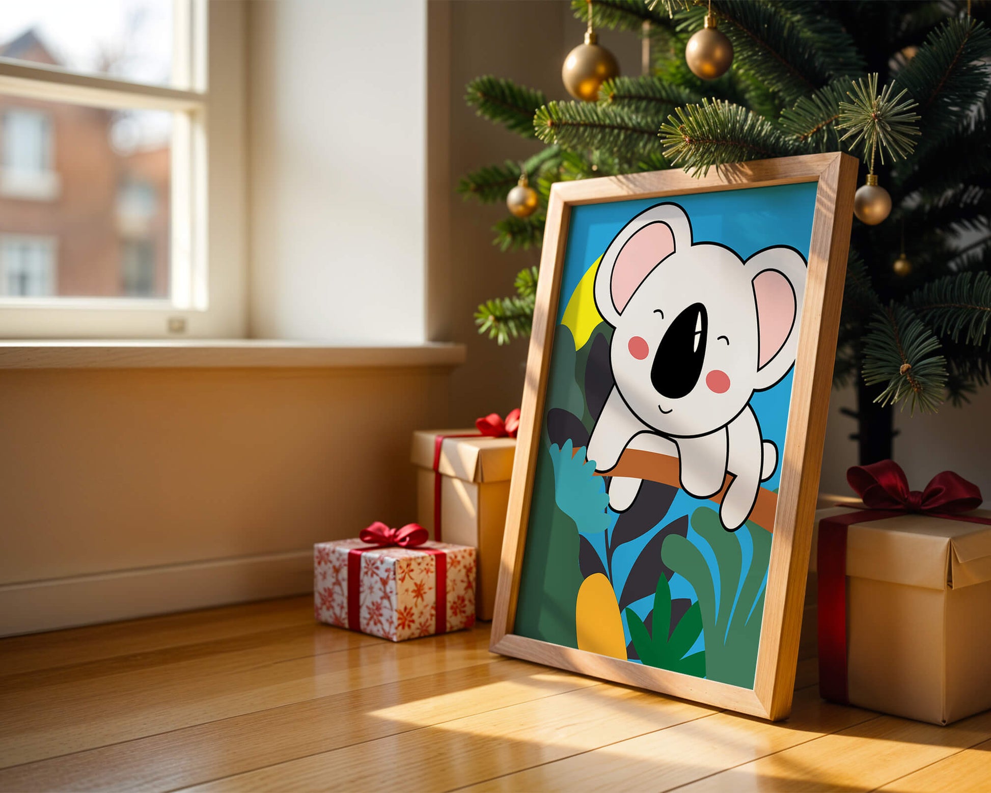 Charming illustrated koala on a branch with vibrant background