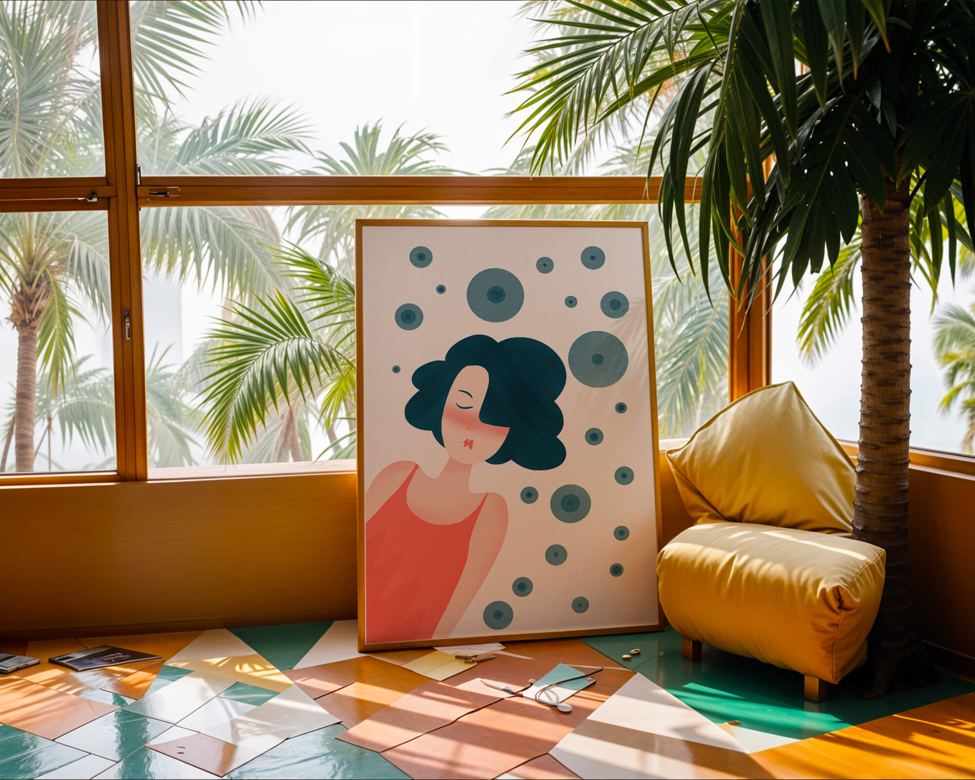 Dreamy Female Portrait with Abstract Circles in Modern Art Style - Mi tienda