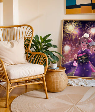 Girl in Yukata Celebrating Fireworks Festival with Cat and Fan