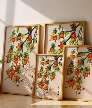 Artistic illustration of vibrant pomegranates on a branch with Asian aesthetic