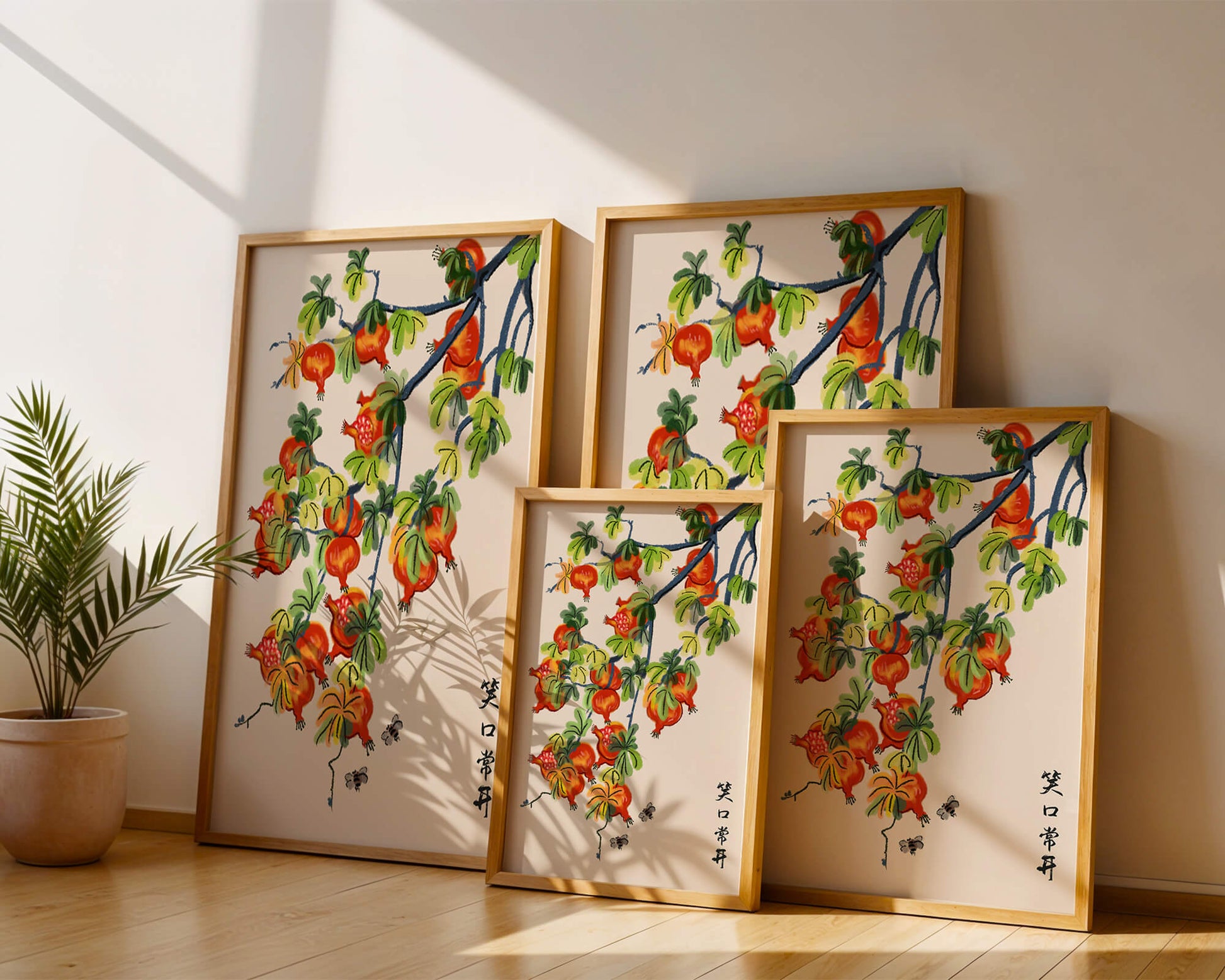 Artistic illustration of vibrant pomegranates on a branch with Asian aesthetic