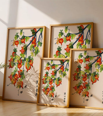 Artistic illustration of vibrant pomegranates on a branch with Asian aesthetic