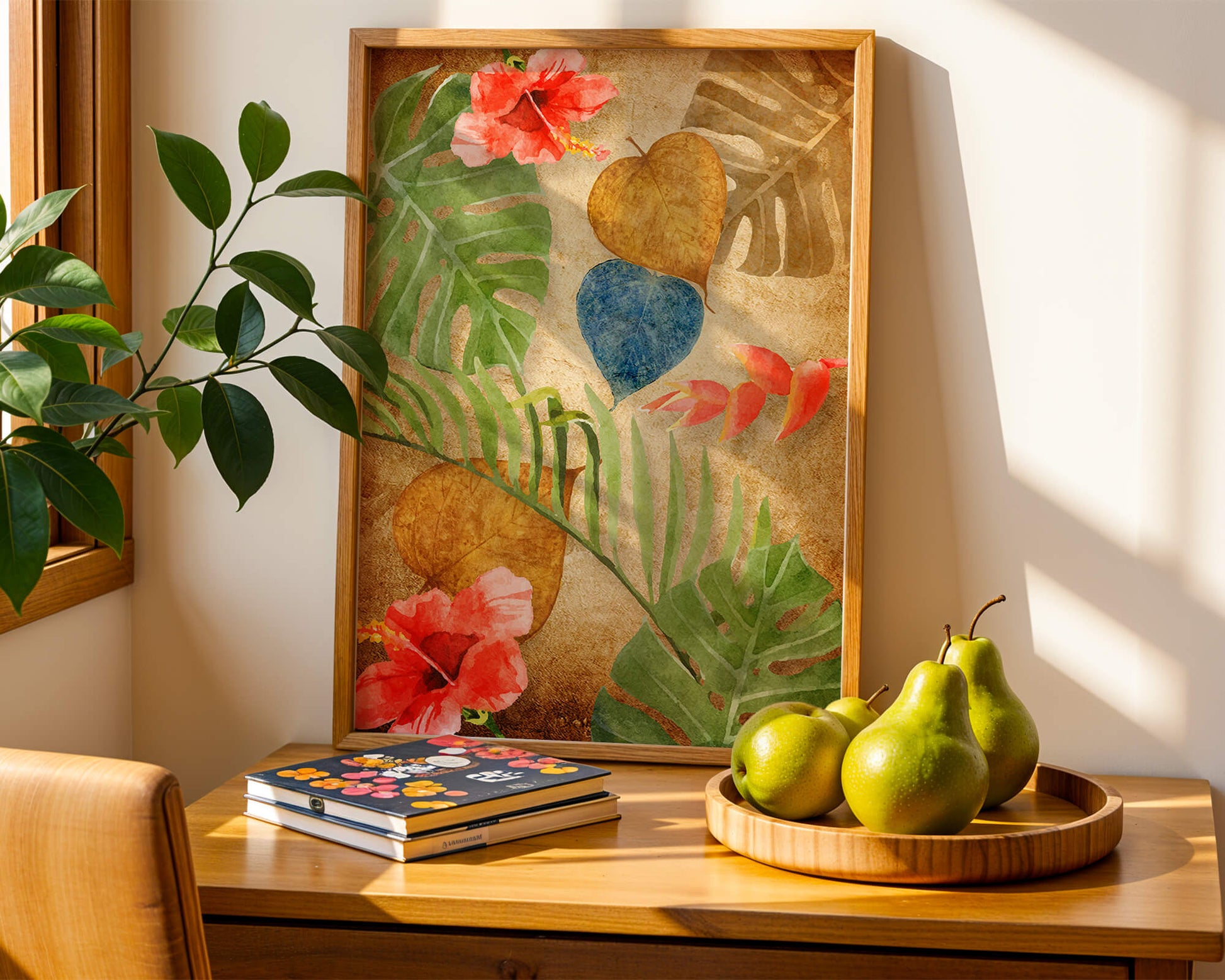Vibrant tropical leaves and flowers watercolor design