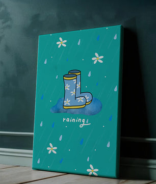 Colorful rain boots with floral pattern on a rainy background