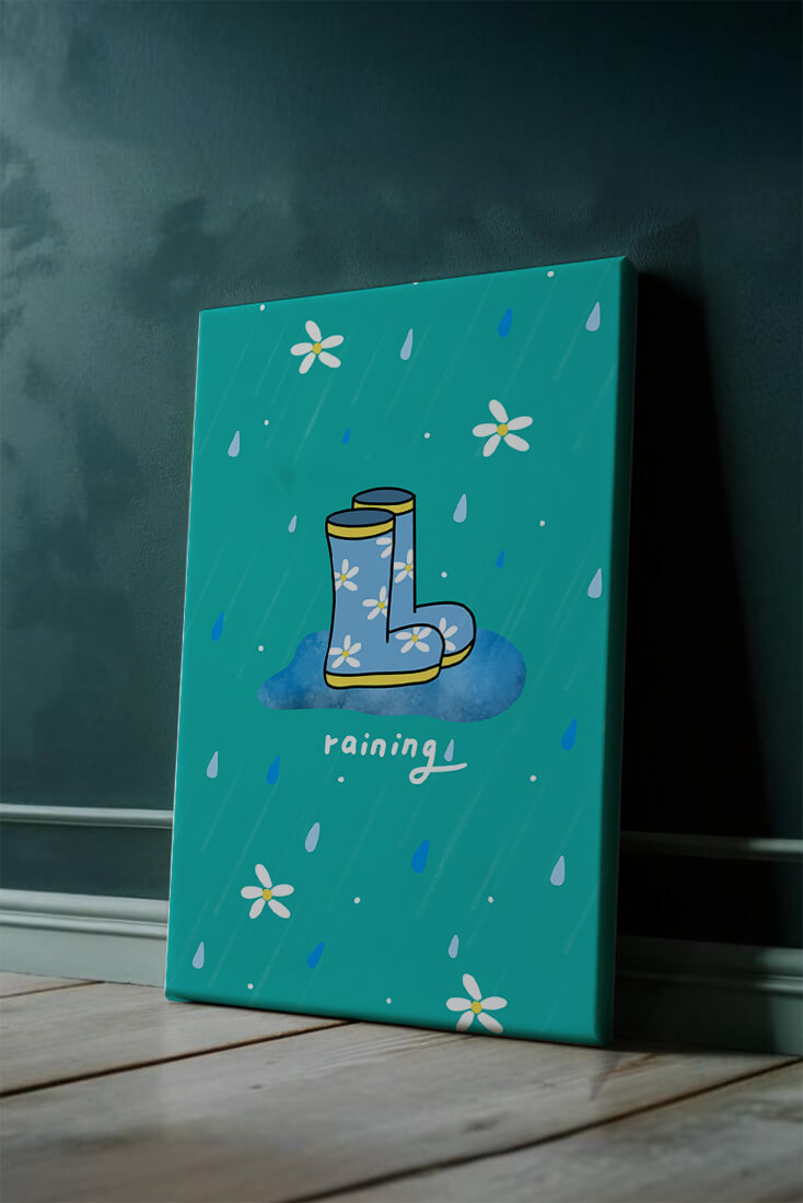 Colorful rain boots with floral pattern on a rainy background