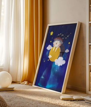 Scène nocturne onirique avec un enfant étreignant la lune