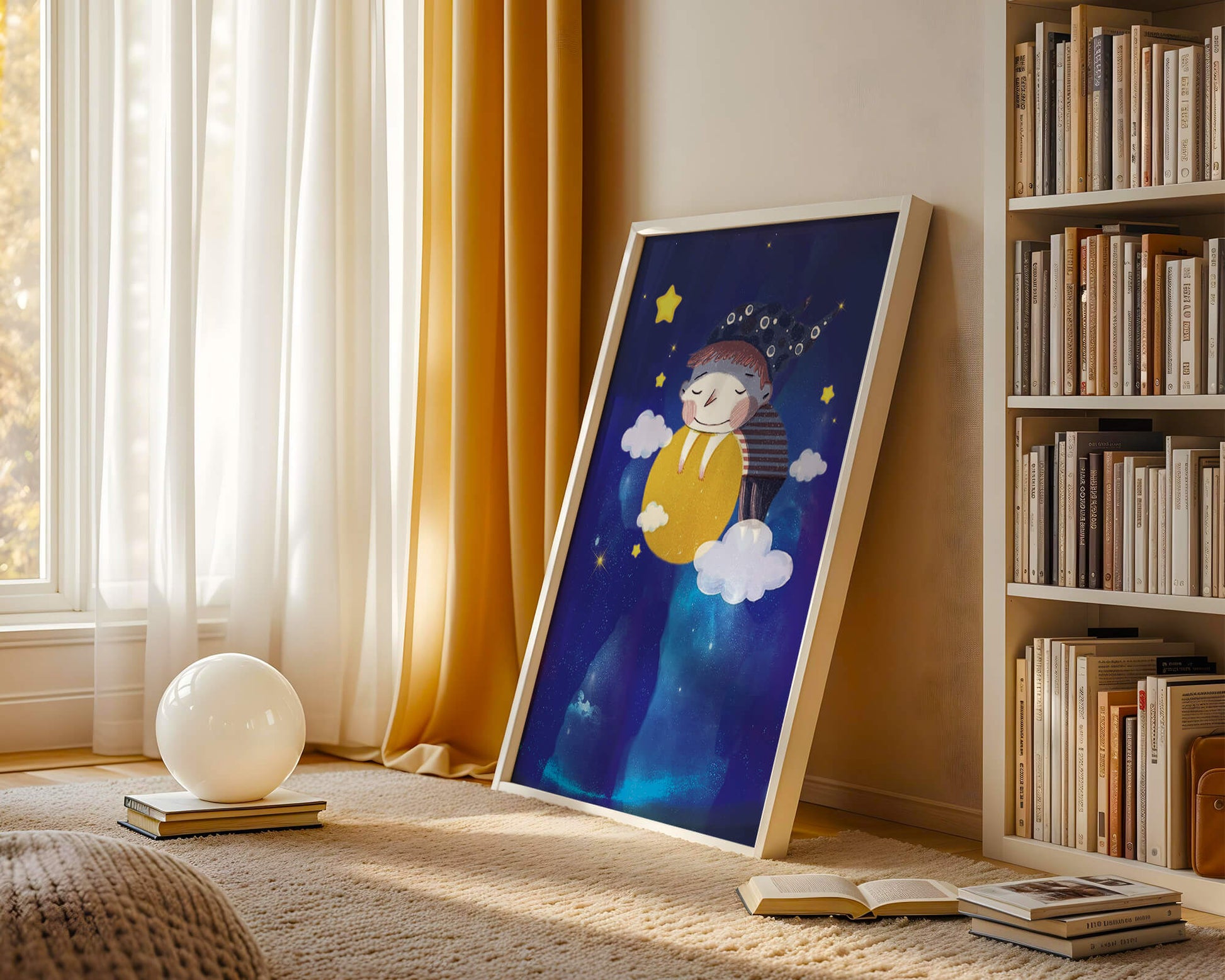 Dreamy Nighttime Scene with a Child Hugging the Moon