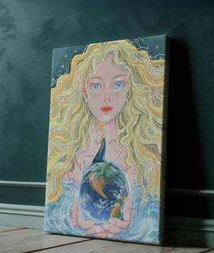 Fantasy artwork of woman holding earth with shimmering details