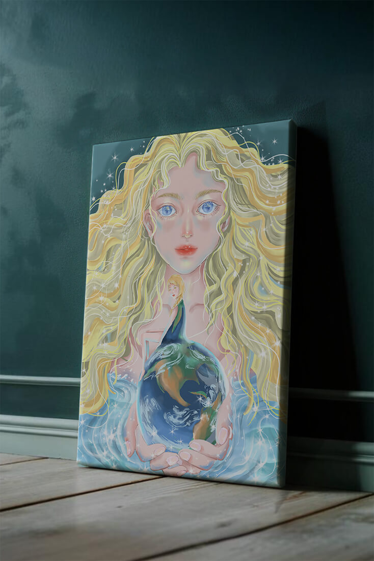 Fantasy artwork of woman holding earth with shimmering details