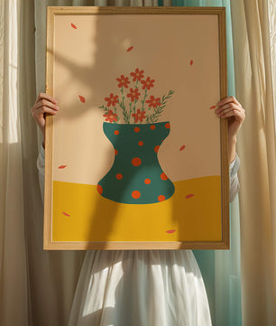Floral Illustration with Polka Dot Vase on Colorful Background - Mi tienda