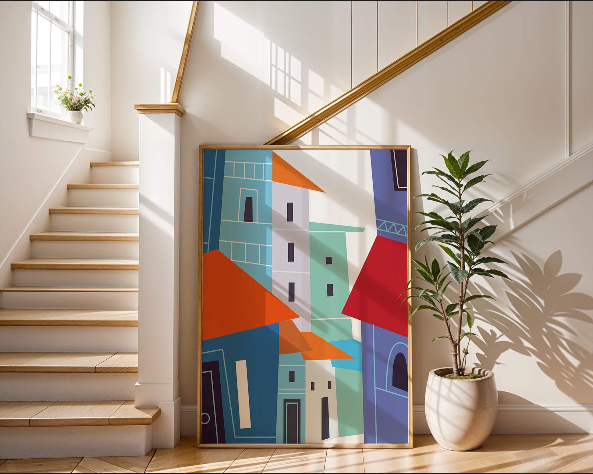 Colorful abstract cityscape with geometric buildings