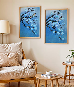 Blue Blossoms on Branch with Bird in Winter Scene