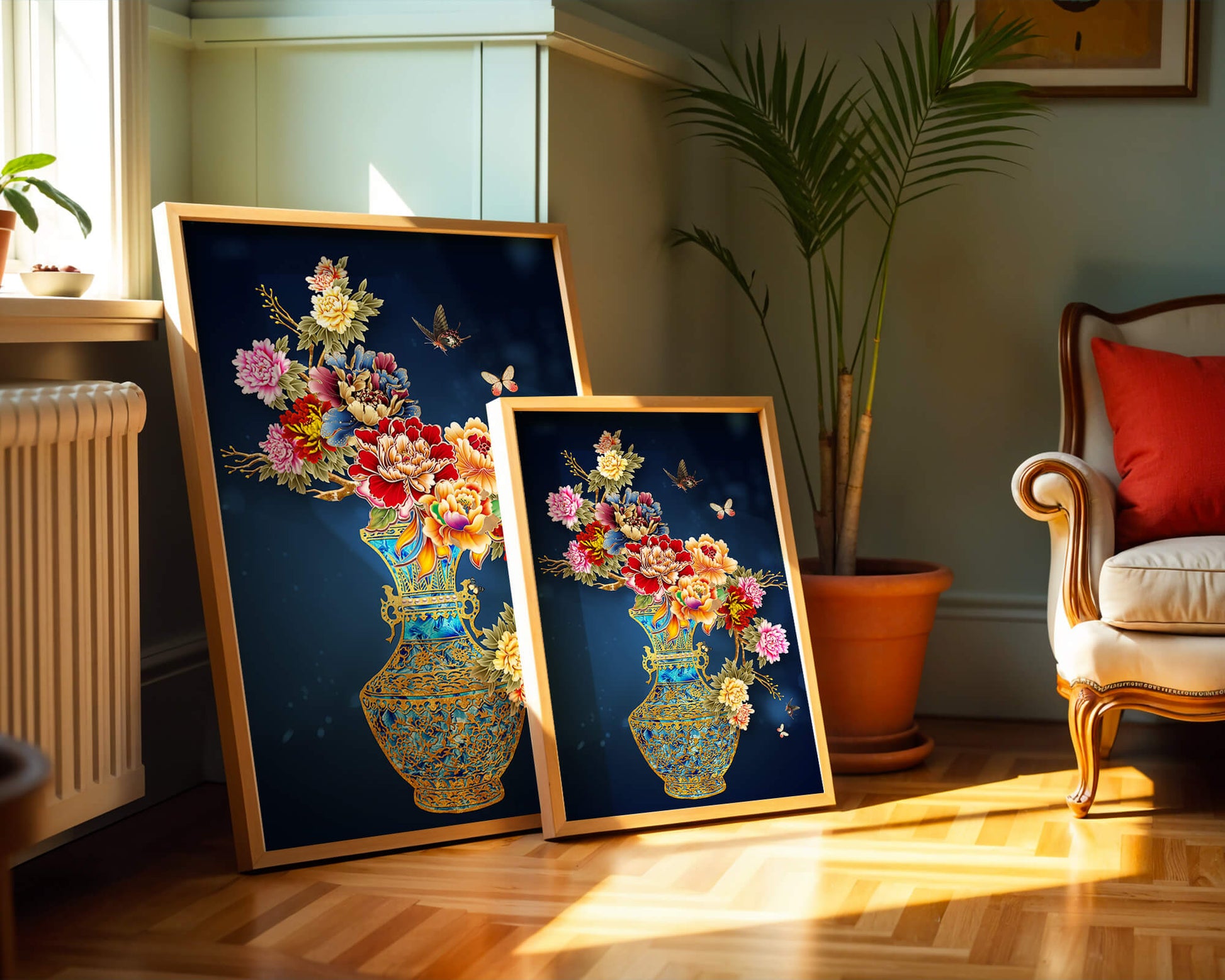 Elegant floral arrangement in ornate gold-accented vase with butterflies