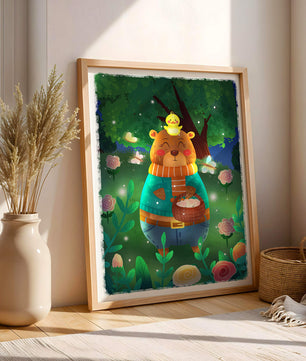 Charming bear in a colorful garden with flowers and fireflies
