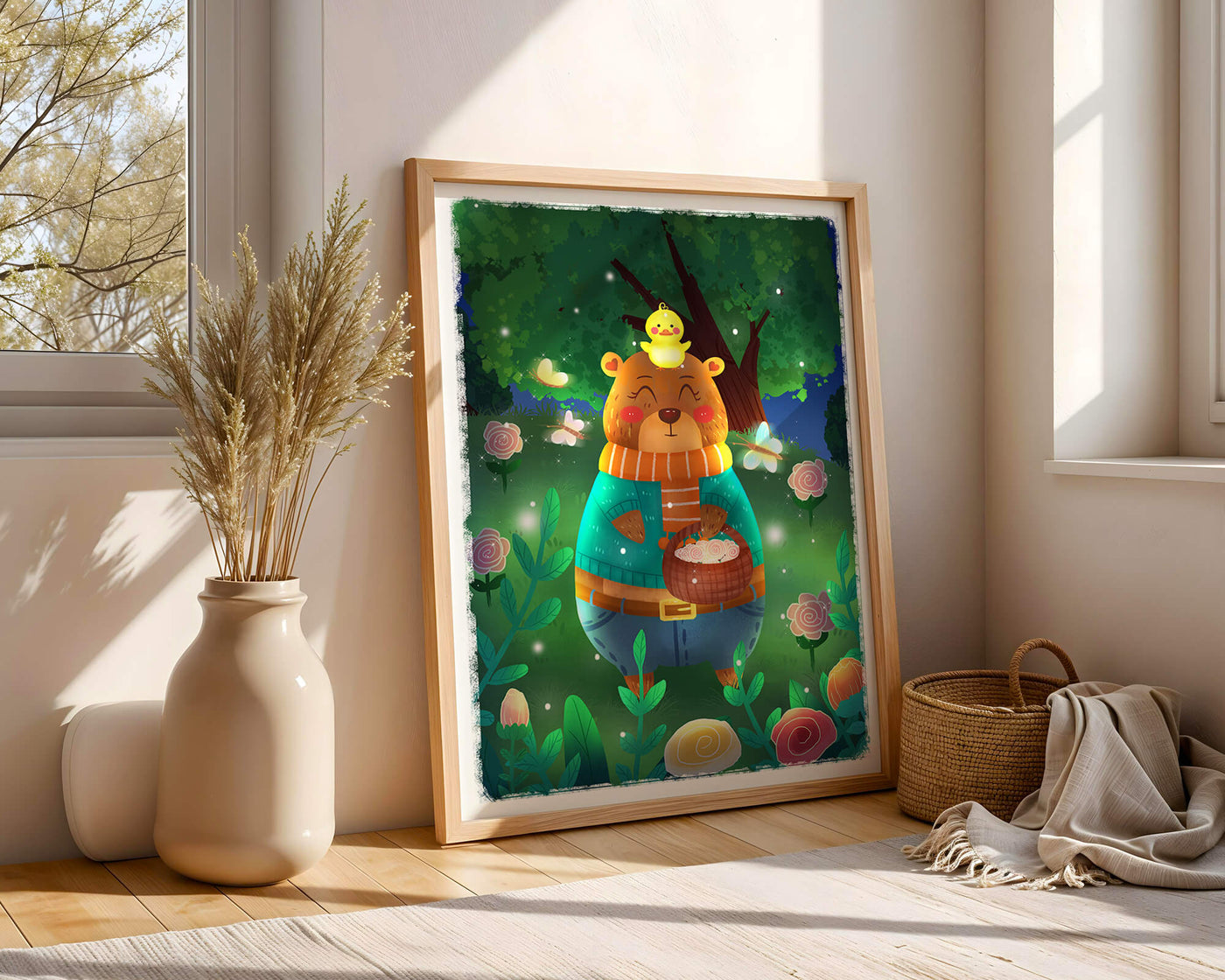 Charming bear in a colorful garden with flowers and fireflies