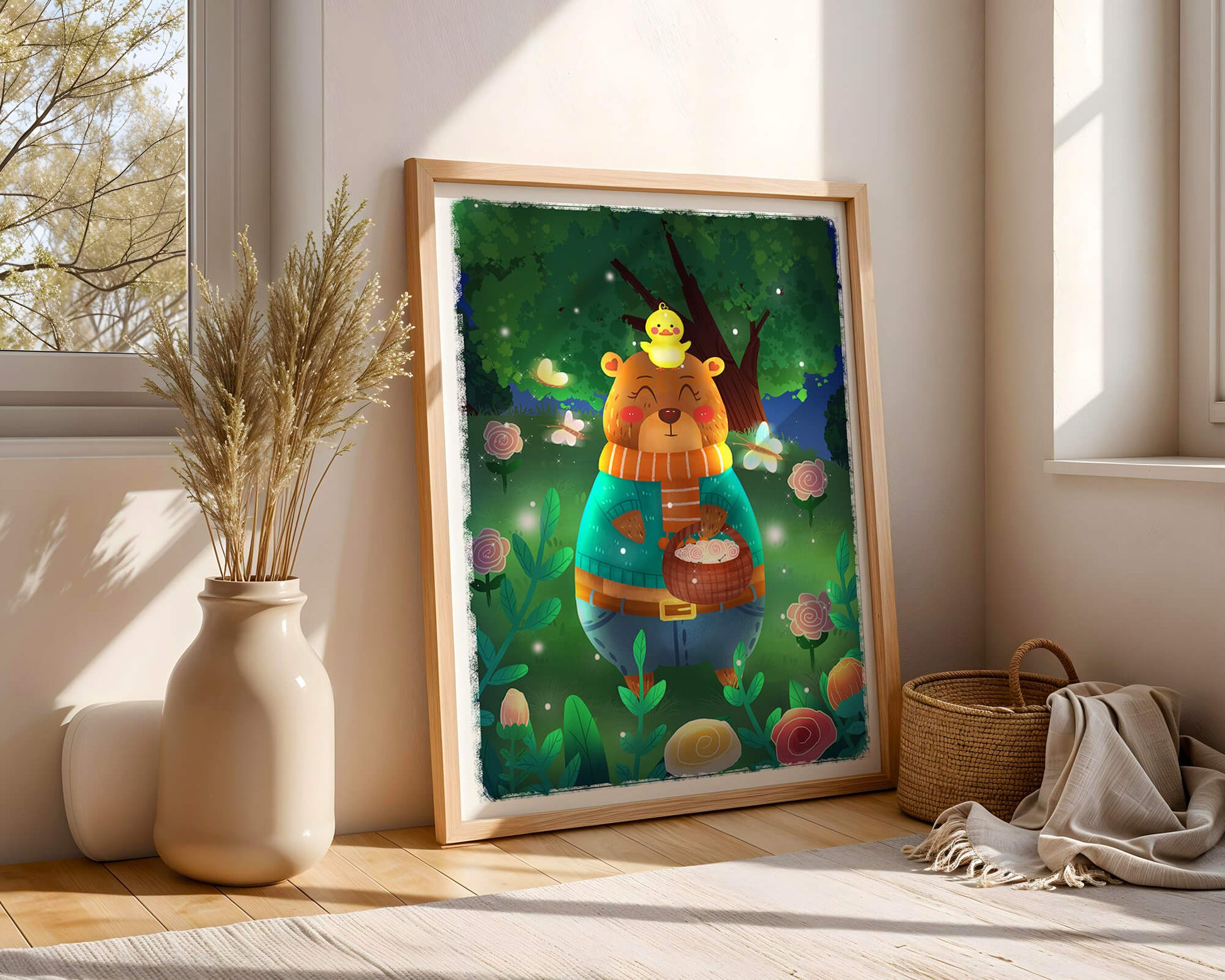 Charming bear in a colorful garden with flowers and fireflies