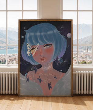 Portrait surréaliste d'une figure mystique aux cheveux bleus et aux papillons