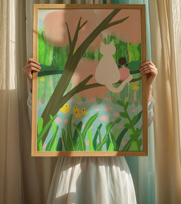 Charming Pastel Illustration of Girl and Cat by a Tranquil Pond