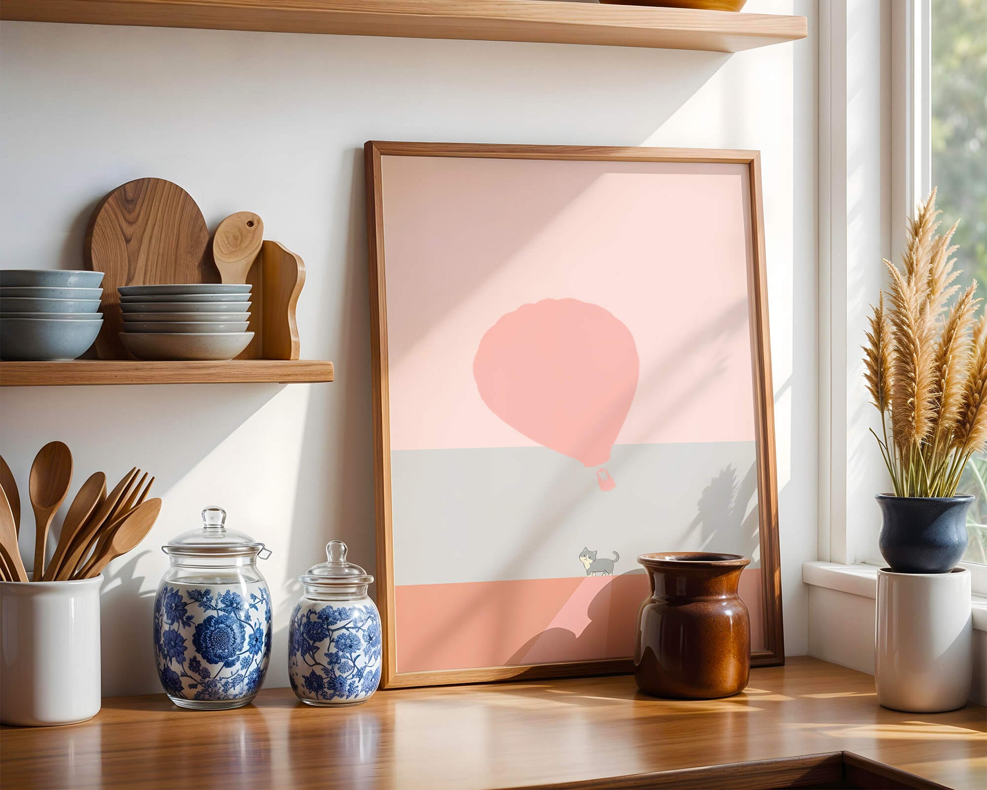 Cat in Minimalist Landscape with Hot Air Balloon