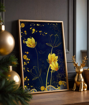 Elegant floral artwork with golden accents on deep blue background