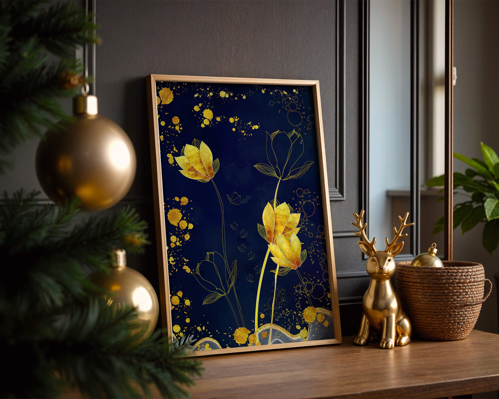 Elegant floral artwork with golden accents on deep blue background