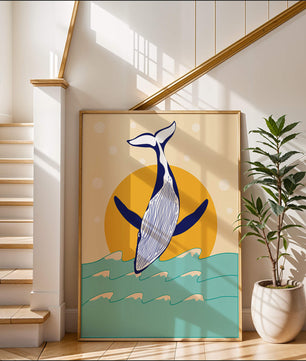 Ilustración de una ballena saltando sobre las olas con un fondo de sol