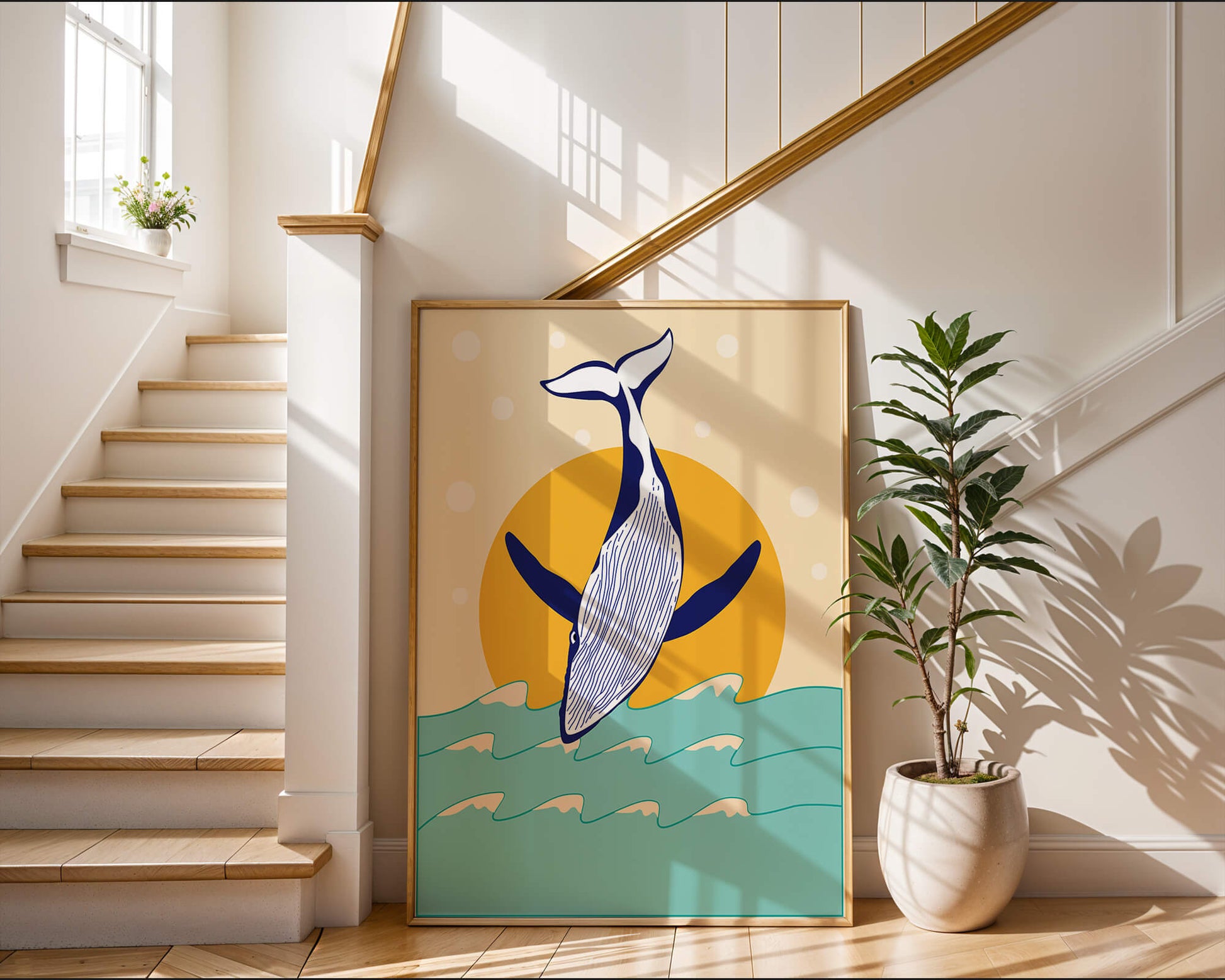 Illustration of a whale jumping over waves with sun backdrop