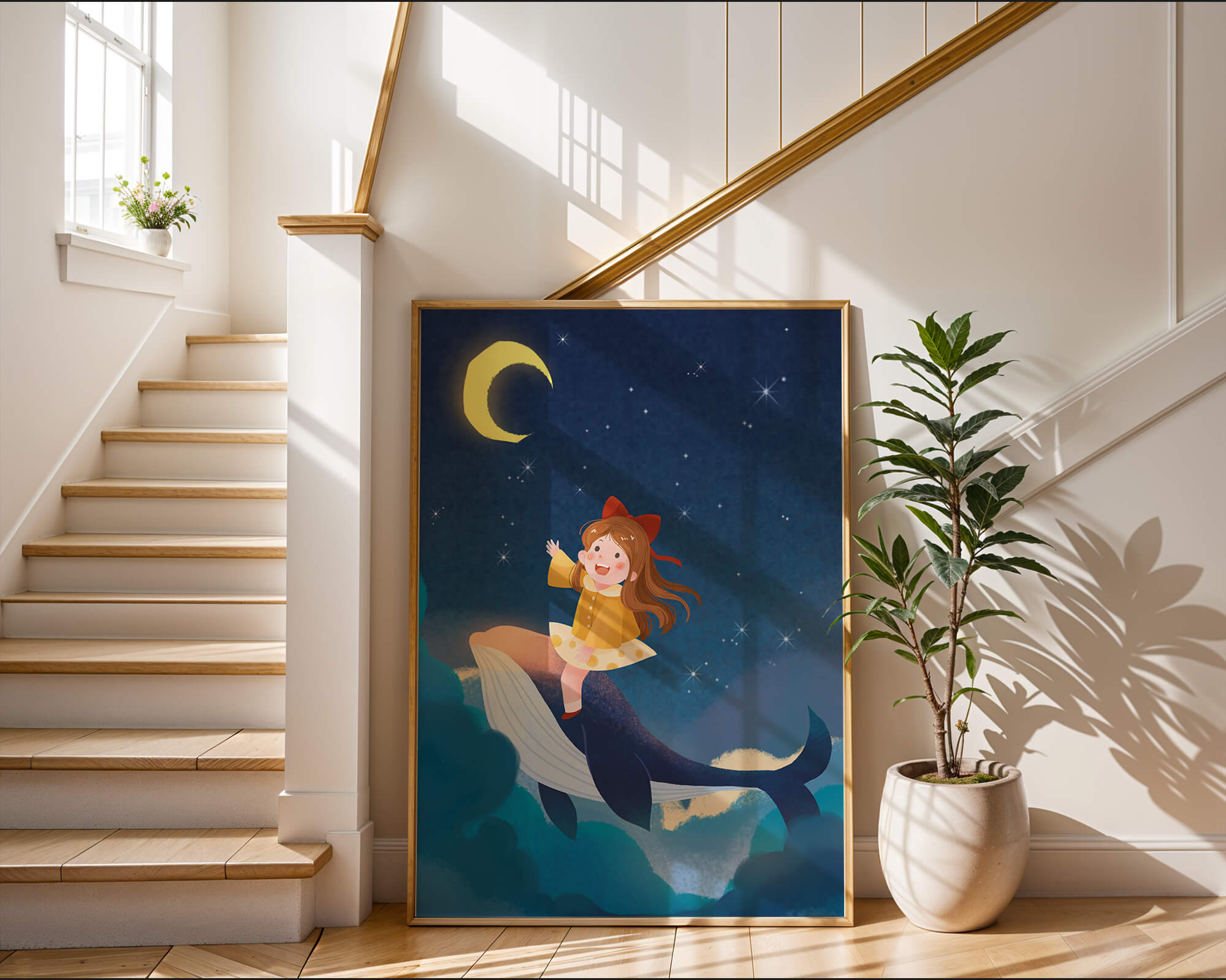 Girl on a whale under starry night sky