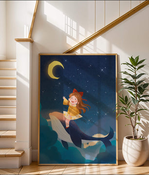 Girl on a whale under starry night sky