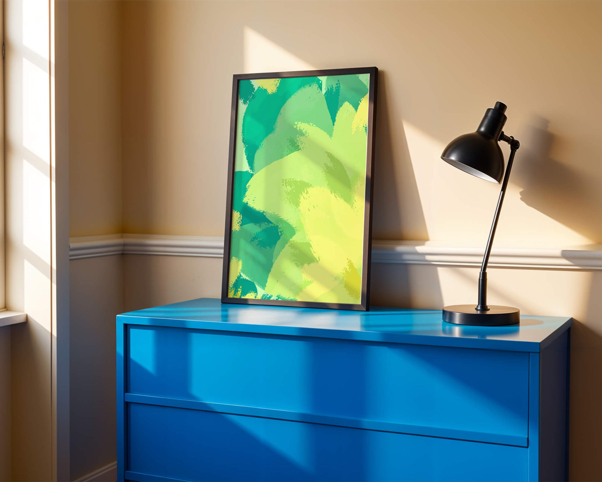 Abstract green and yellow brushstroke painting