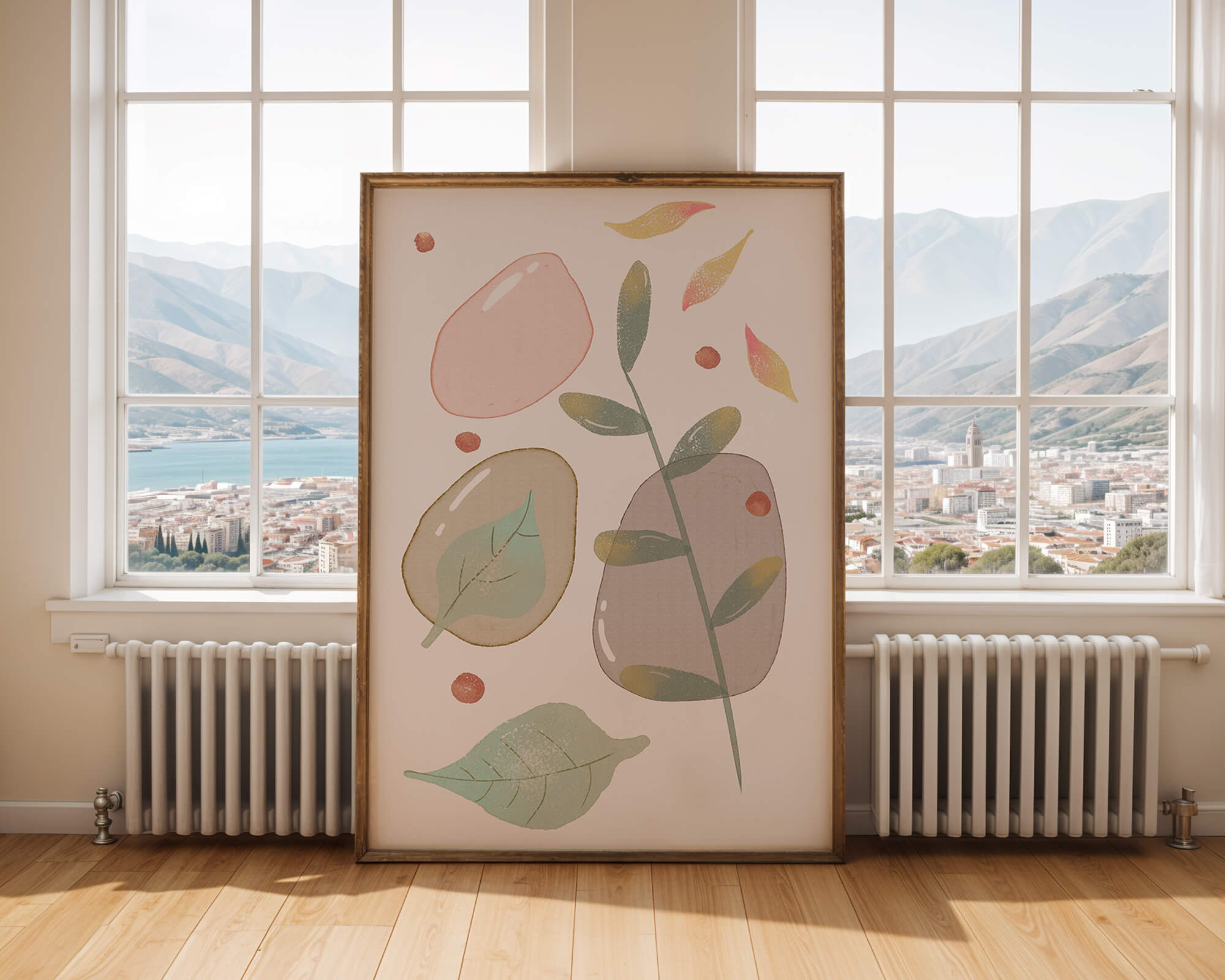 Abstract botanical illustration with pastel colored leaves and shapes