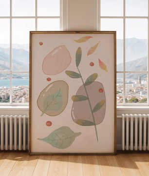Abstract botanical illustration with pastel colored leaves and shapes