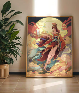 An enchanting depiction of a celestial figure with a mystical rabbit and vibrant attire