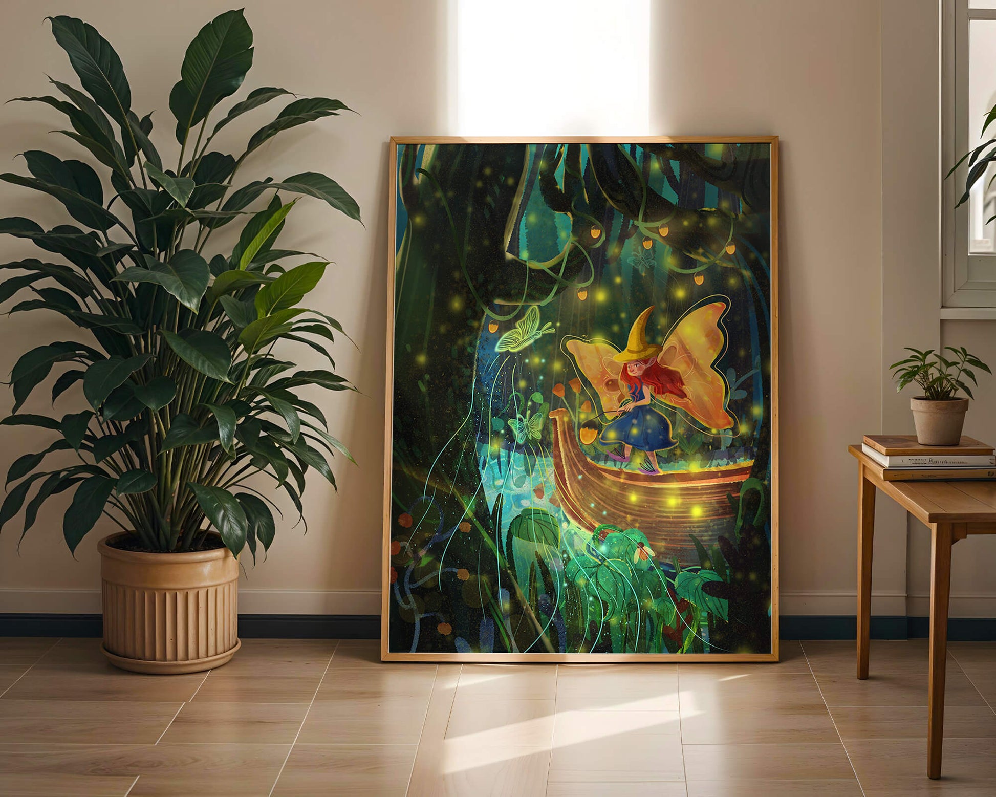 Fairy in an enchanted forest with glowing butterflies and lanterns