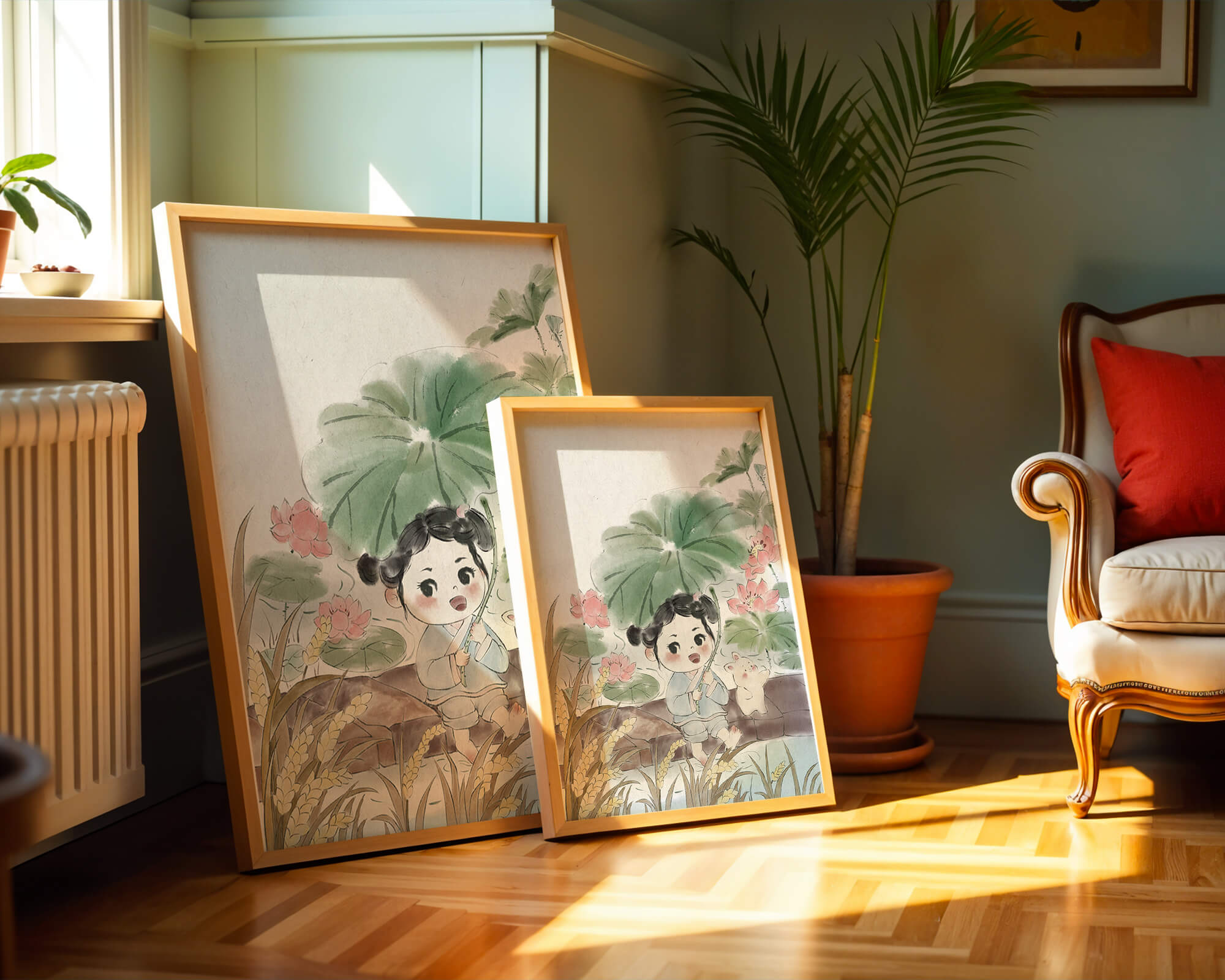 Charming illustration of a child with flowers and a bunny by the water