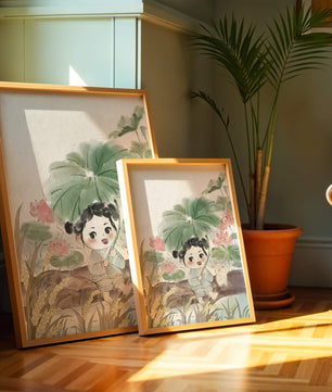 Charming illustration of a child with flowers and a bunny by the water