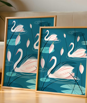 Serene illustration of swans gracefully gliding on a pond with lily pads