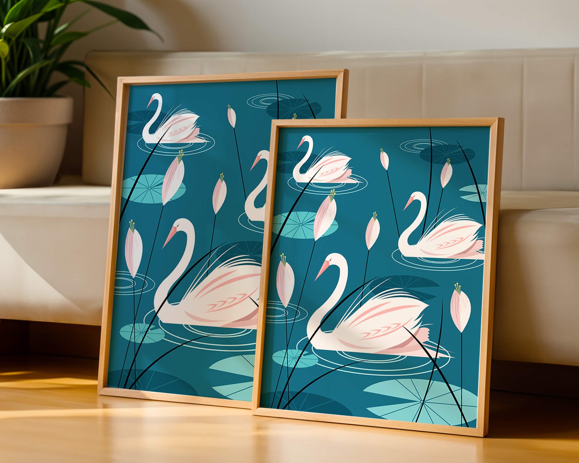 Serene illustration of swans gracefully gliding on a pond with lily pads