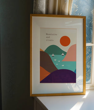 Abstract landscape with vibrant colors and geometric shapes