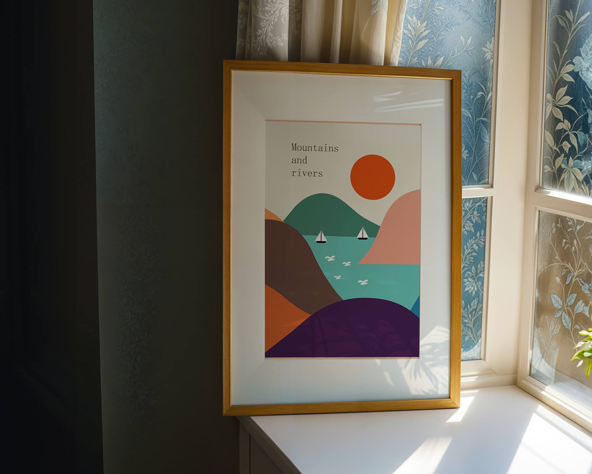 Abstract landscape with vibrant colors and geometric shapes