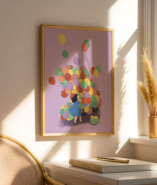 Bunte Luftballons mit einem Kind und einer Katze auf violettem Hintergrund